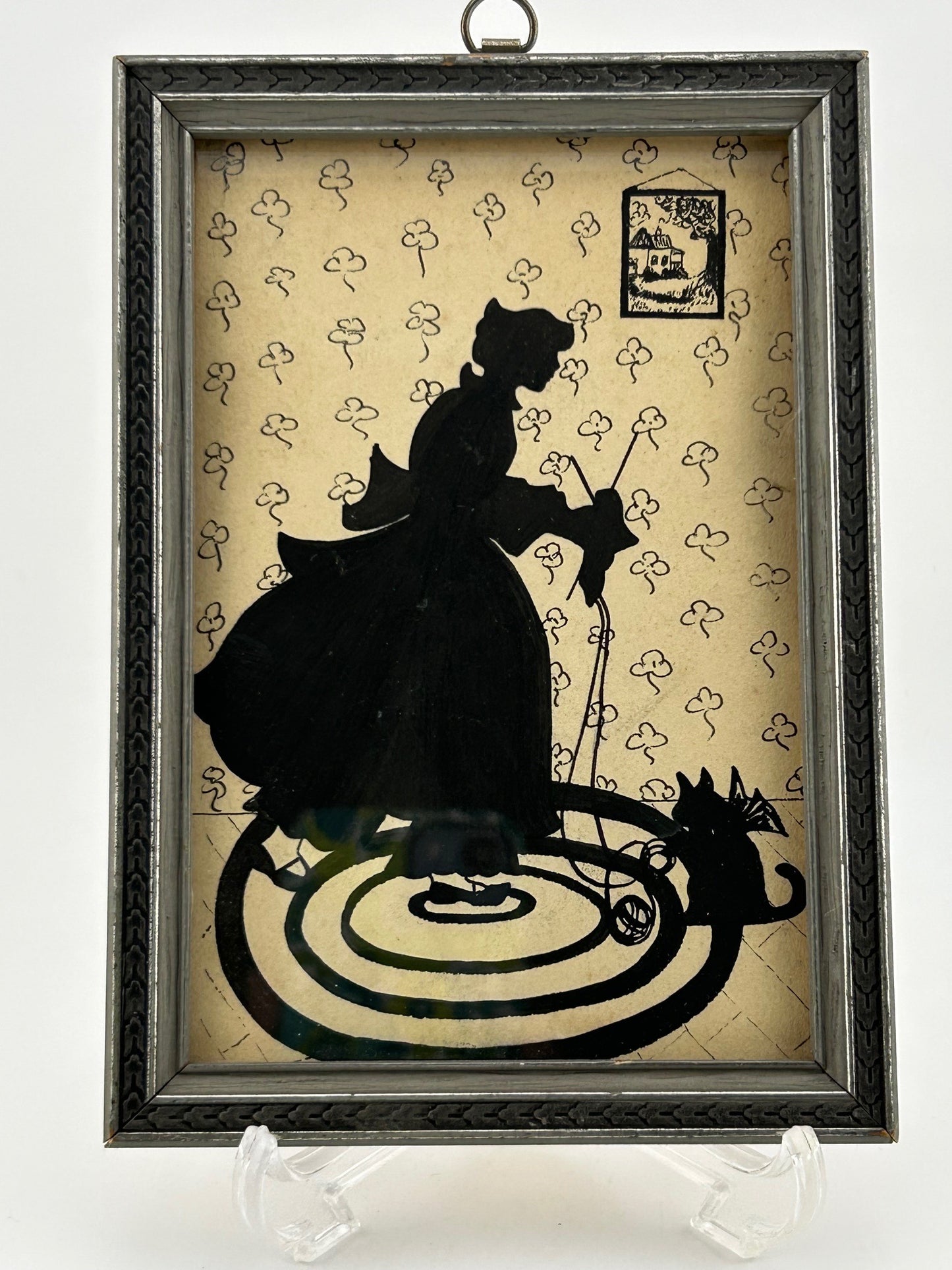 Vintage Framed Silhouette Woman Knitting with Cat