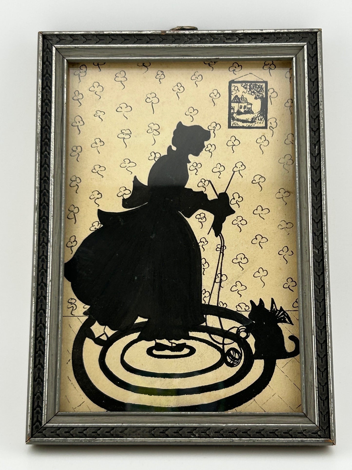 Vintage Framed Silhouette Woman Knitting with Cat