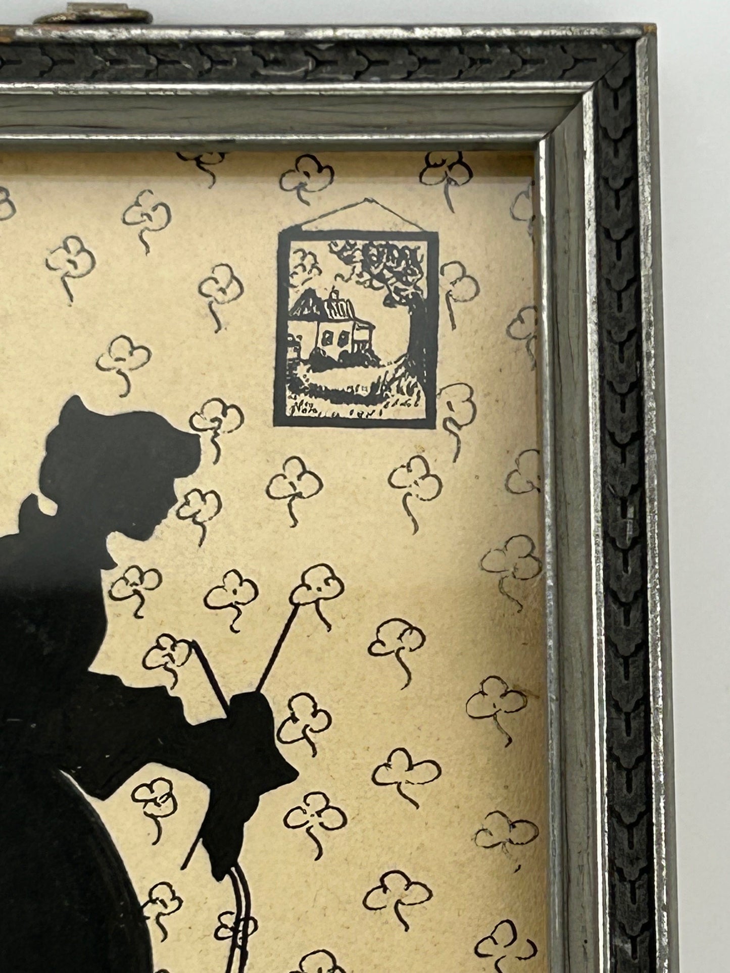 Vintage Framed Silhouette Woman Knitting with Cat