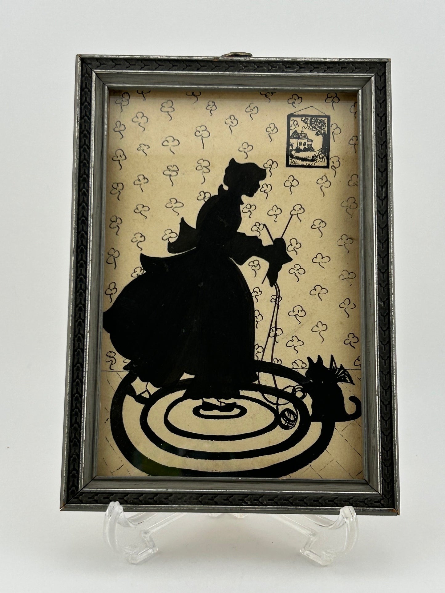 Vintage Framed Silhouette Woman Knitting with Cat
