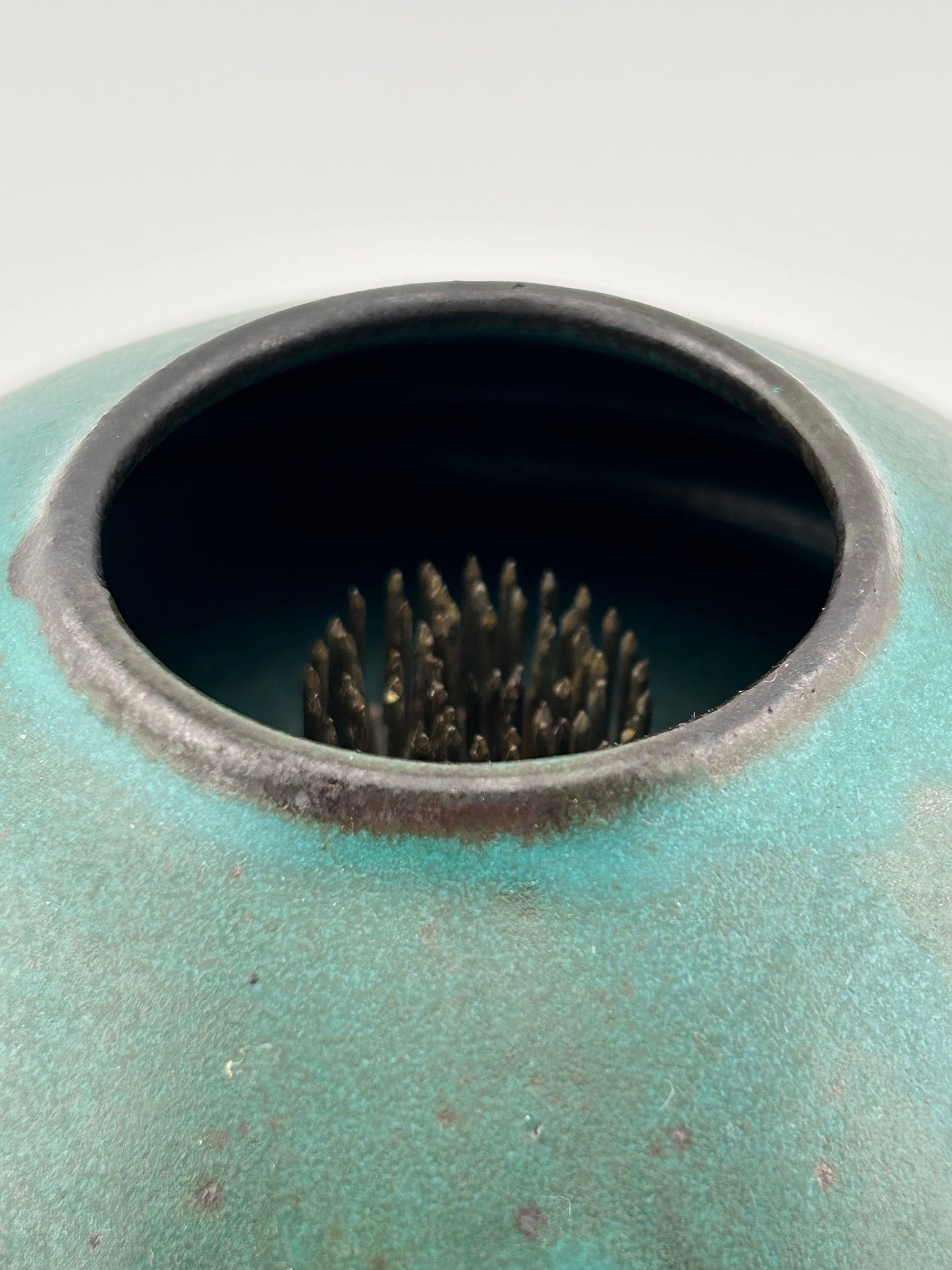 Turquoise Studio Pottery Ikebana Vase with Flower Frog