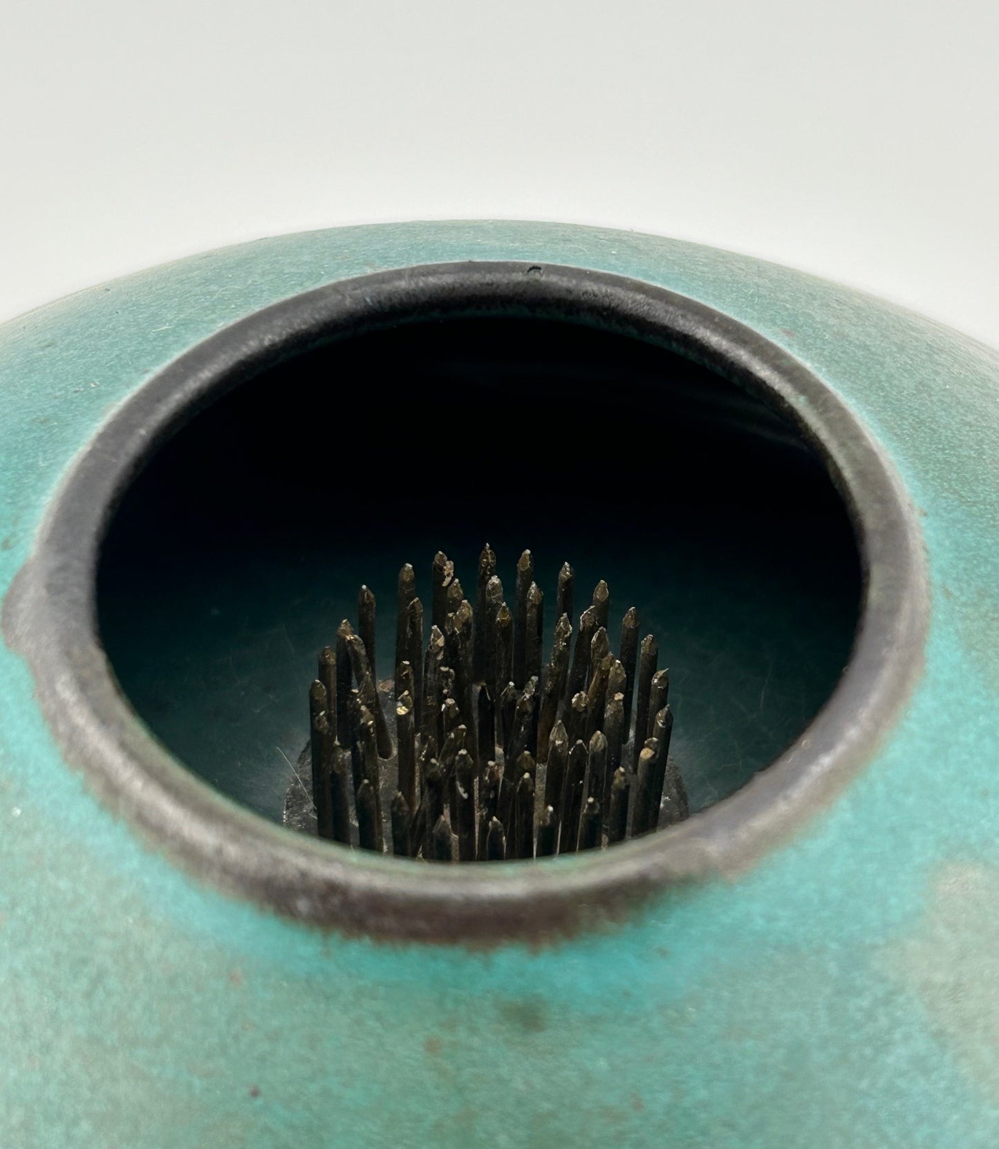 Turquoise Studio Pottery Ikebana Vase with Flower Frog