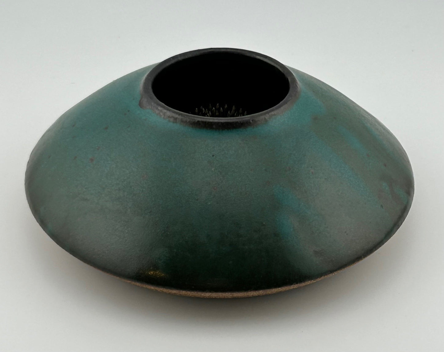 Turquoise Studio Pottery Ikebana Vase with Flower Frog