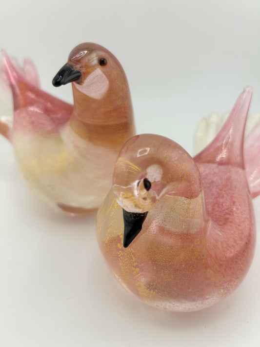 Vintage Formia Murano Pink Gold Foil Glass Doves Pair