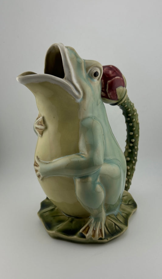 Vintage Majolica Frog on Lily Pad Pitcher with Lotus Flower Handle