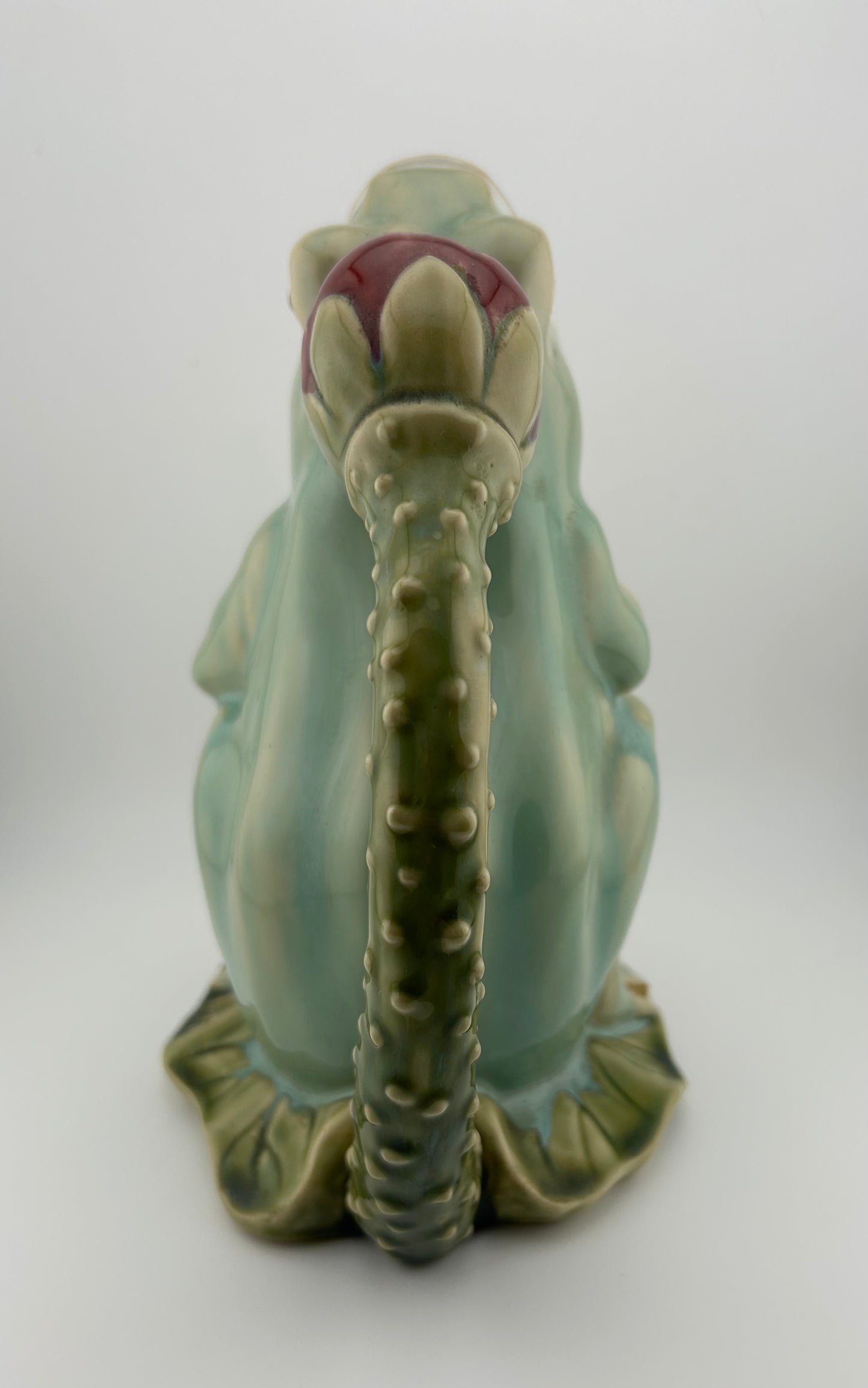 Vintage Majolica Frog on Lily Pad Pitcher with Lotus Flower Handle