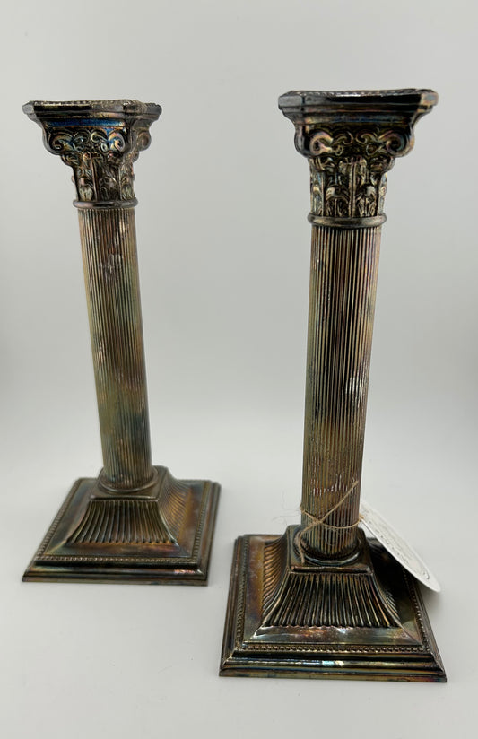 William Adams Silver Plate Corinthian Pillar Candlesticks (Set of 2)