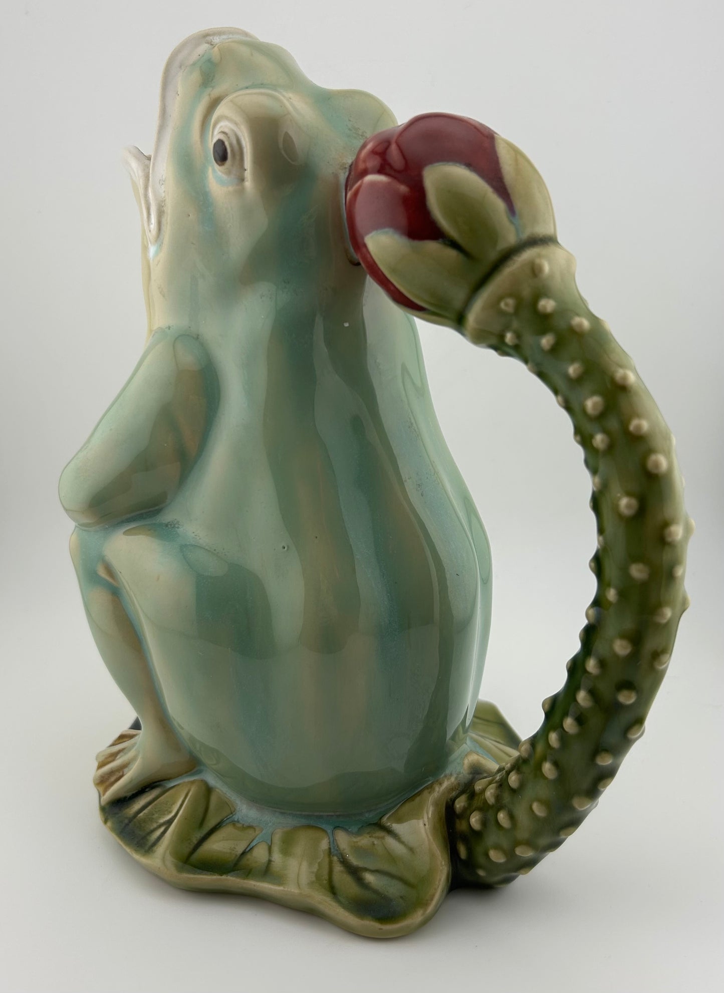 Vintage Majolica Frog on Lily Pad Pitcher with Lotus Flower Handle