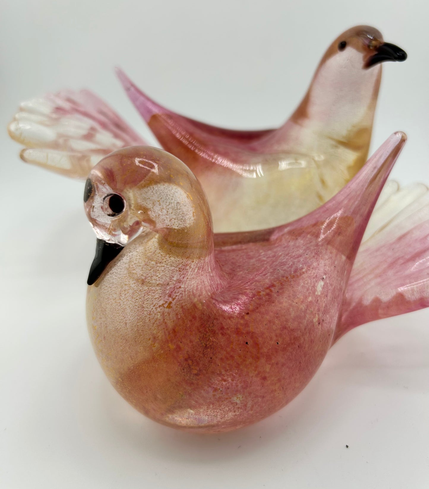 Vintage Formia Murano Pink Gold Foil Glass Doves Pair