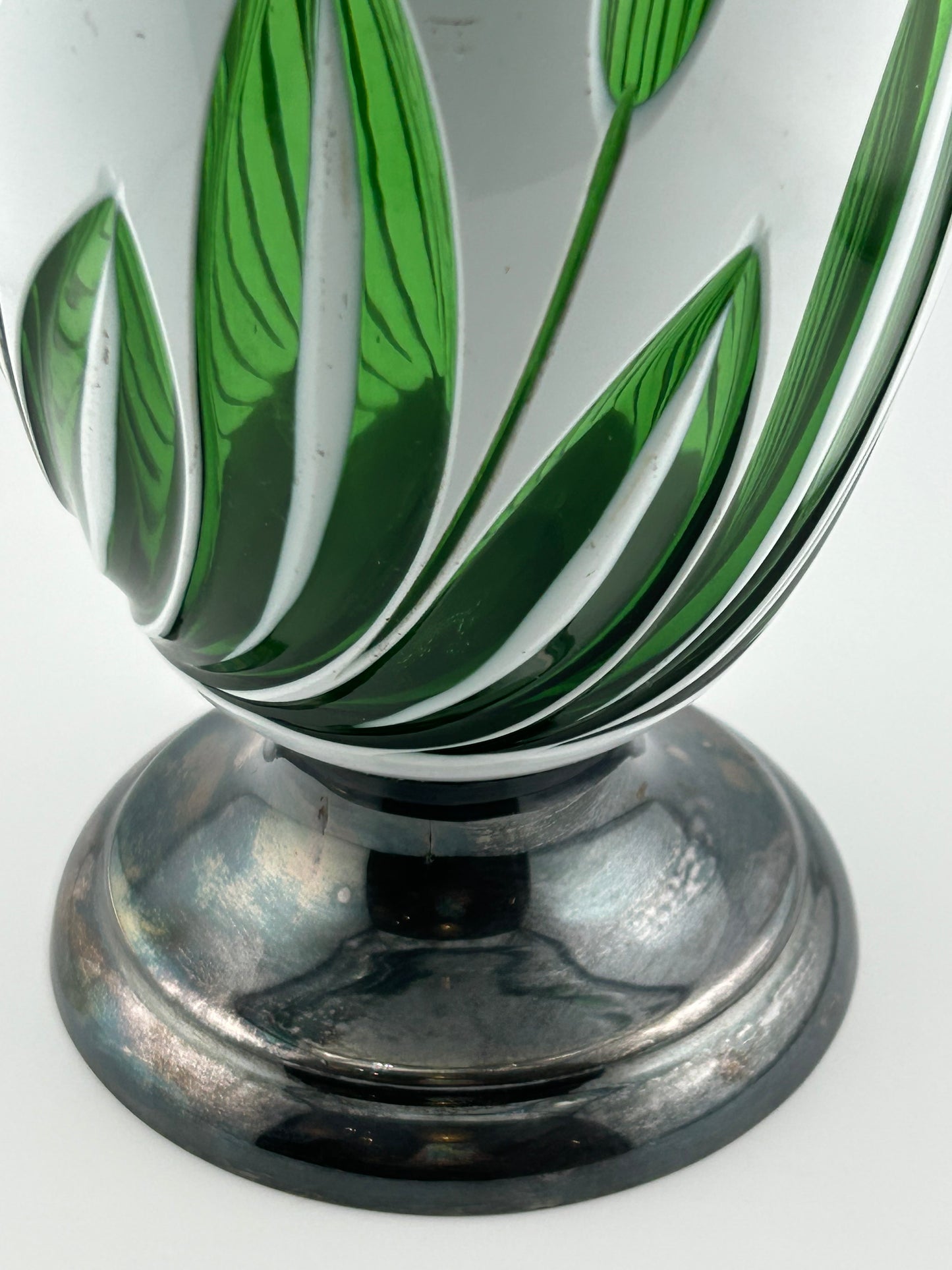White Over Green Glass Pitcher with Cat Tail Motif and Silver Plate Base