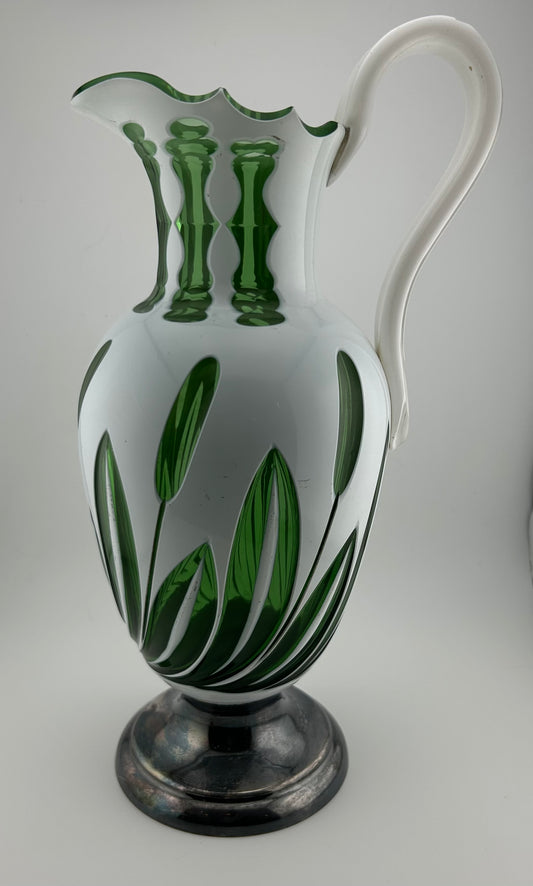 White Over Green Glass Pitcher with Cat Tail Motif and Silver Plate Base