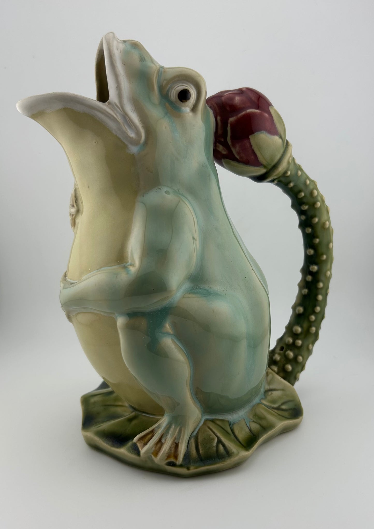 Vintage Majolica Frog on Lily Pad Pitcher with Lotus Flower Handle