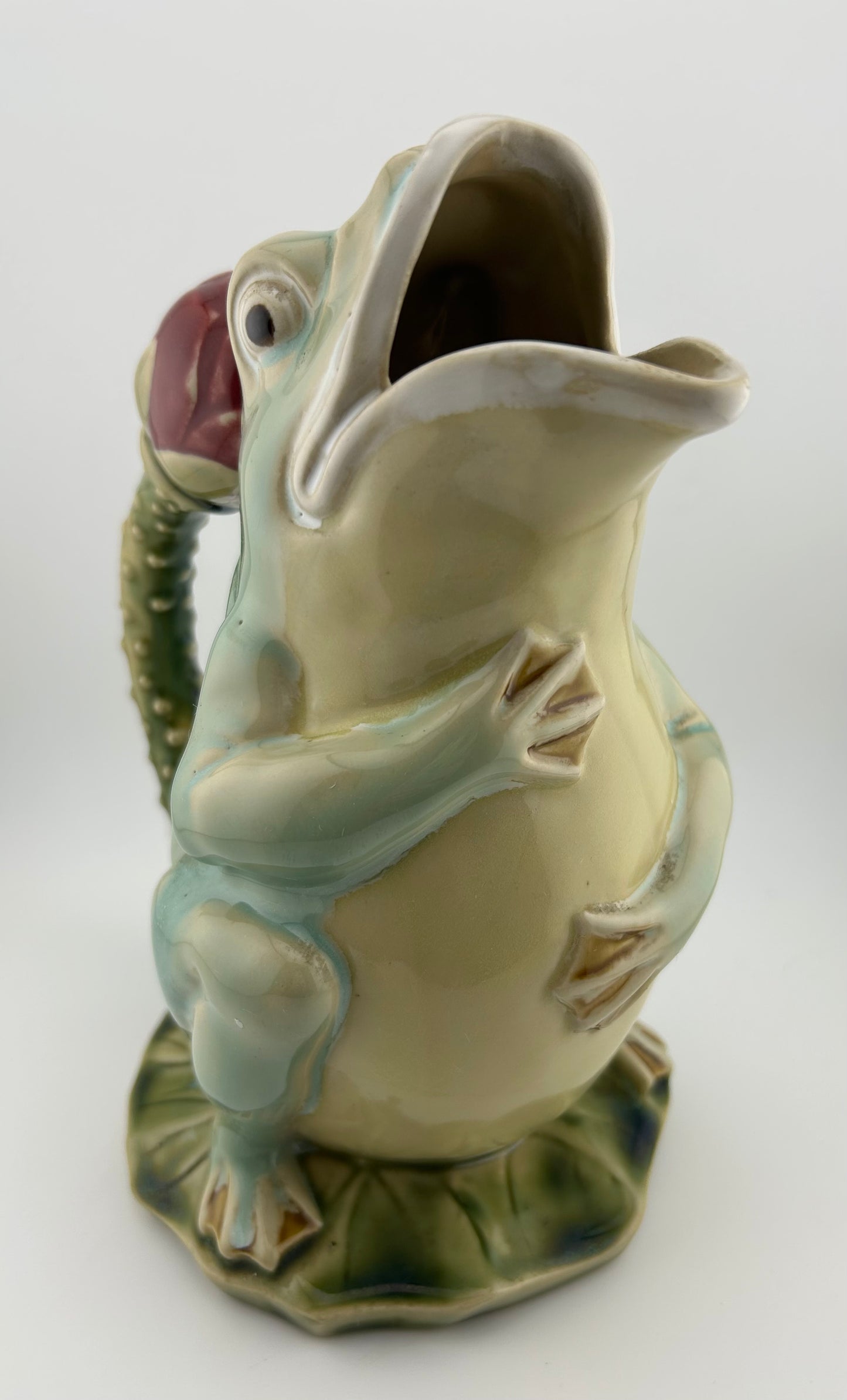 Vintage Majolica Frog on Lily Pad Pitcher with Lotus Flower Handle