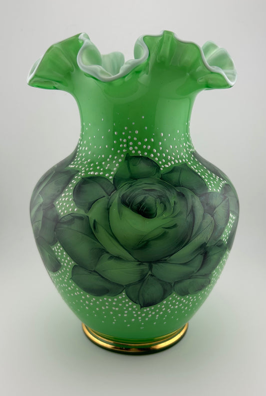 Fenton Green & Gold Painted Rose Ruffle Vase