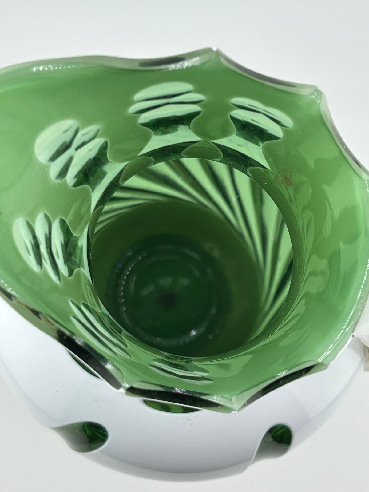 White Over Green Glass Pitcher with Cat Tail Motif and Silver Plate Base